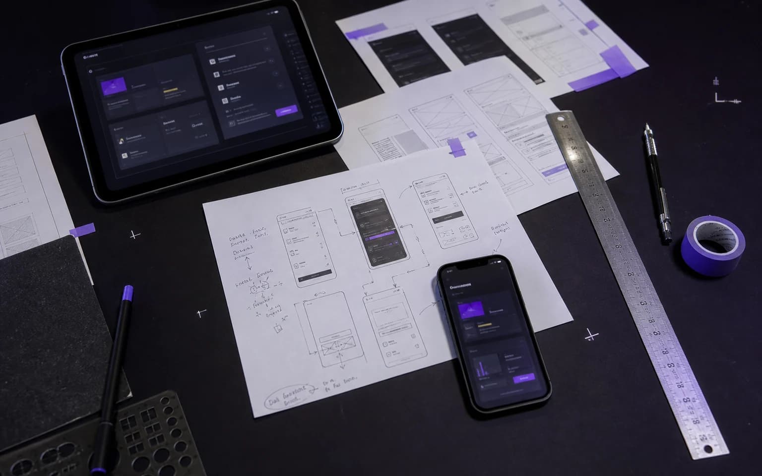 Wireframes, interface prototypes and precision tools arranged across a digital product workbench.